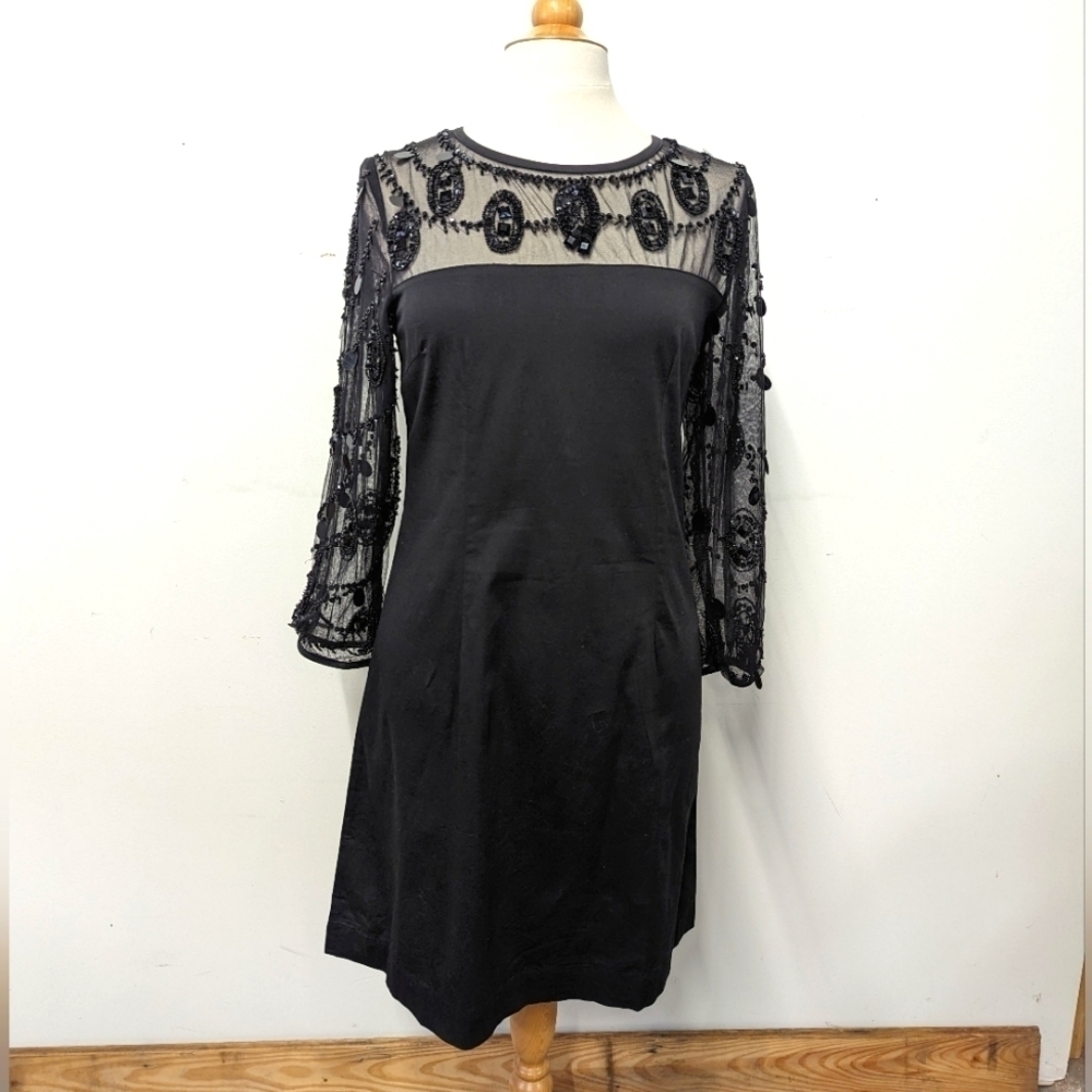 Nwt Black Beaded Mesh and Stretch Poplin Midi Cocktail Dress 36